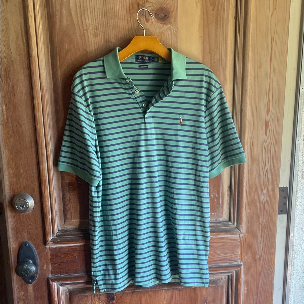 Polo by Ralph Lauren Men's Green and Black Striped Polo Shirt